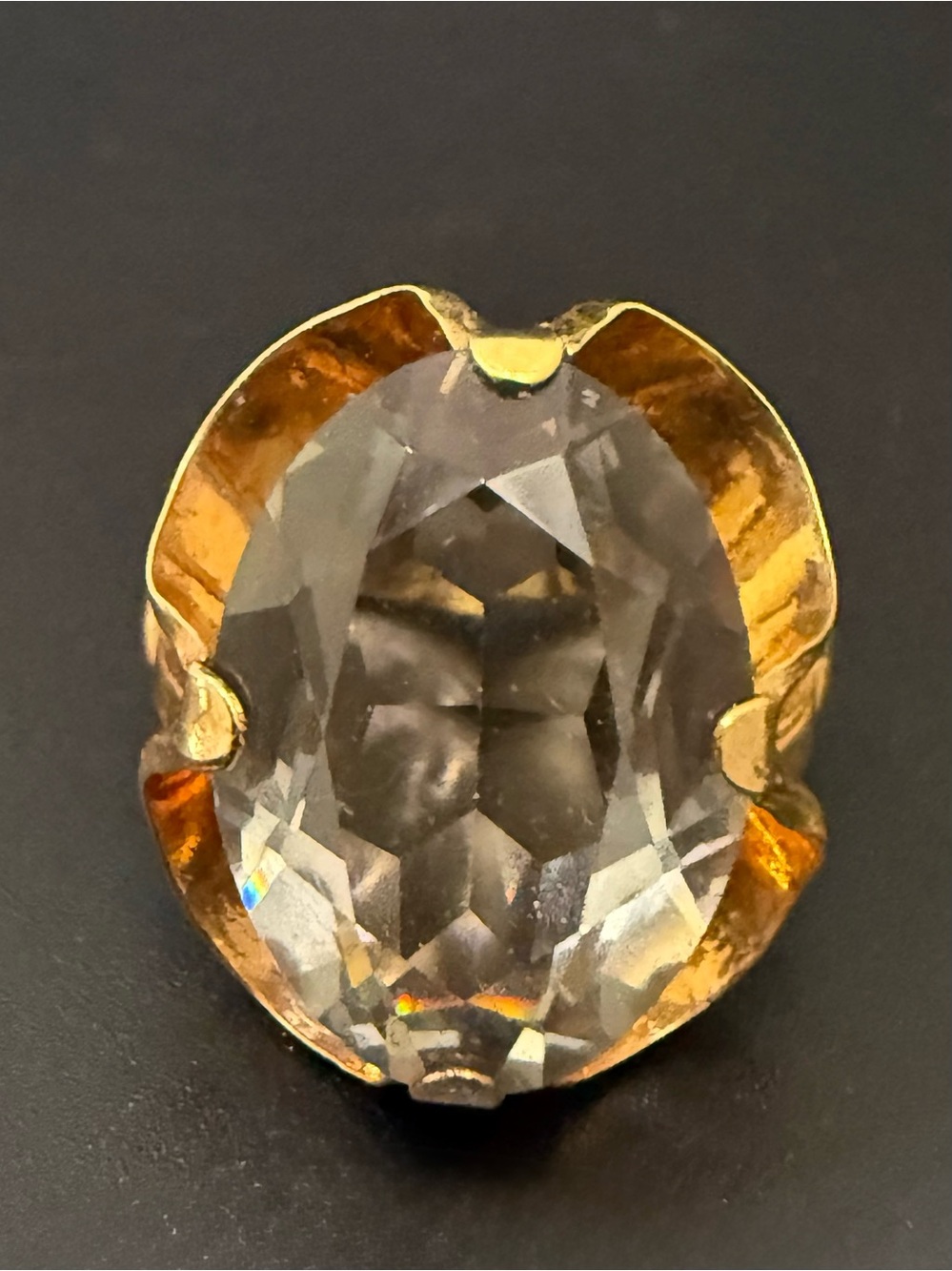 Vintage 18KT Electroplated Gold Oval Smoky Quartz Glass Cocktail Ring Size 4